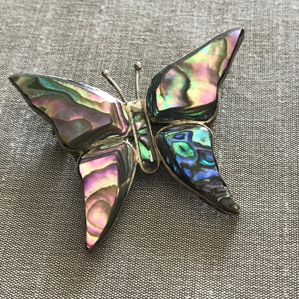 Vintage butterfly pin ,mexican silver, abalone